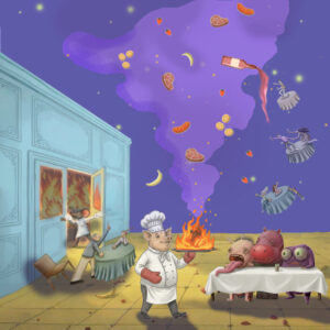 FLOP - Clara Maria Irene Arezzo di Trifiletti - flop stellato (Disegno a china su carta originale + scansione + colorazione AI Gemini + Composizione digitale e rifiniture Photoshop e Canva)